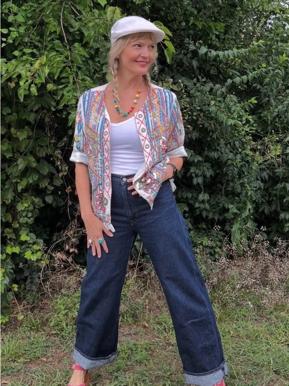 Indigo Moon Embroidered and Beaded White Multicolor Open-Front Tunic Jacket